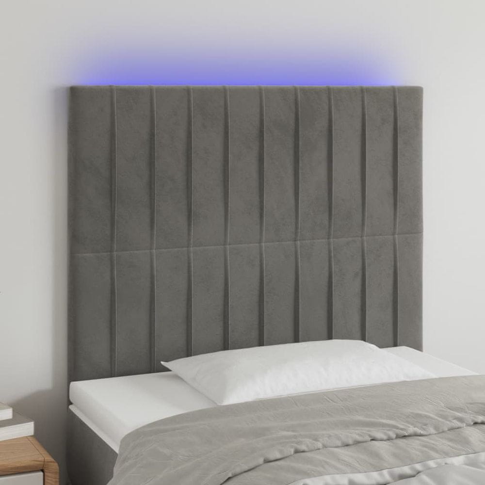 Vidaxl Čelo postele s LED bledosivé 100x5x118/128 cm zamat